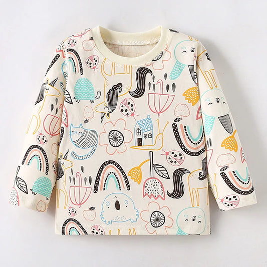 Soft Cotton Long Sleeve T-Shirt with Cute Cartoon Print - Beige