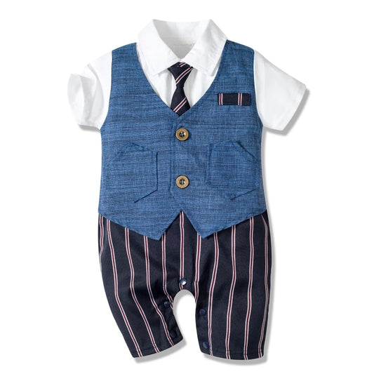Boys' Summer Cotton Party Suit with Buttons and Tie - Patchwork, Striped