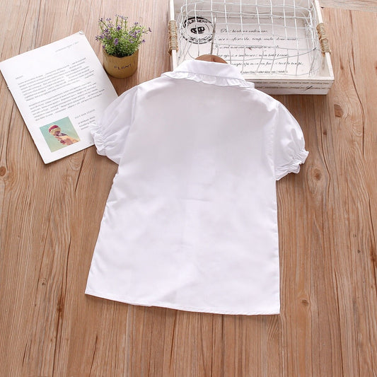 Сasual Blouse with Ruffle Collar and Short Sleeve - White
