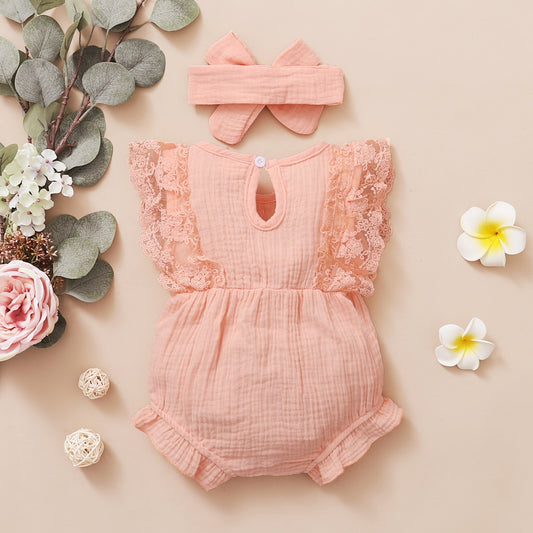 Newborn Baby Girl Plain Soft Lace Flared Sleeve Summer Bodysuit with Headband - Pink