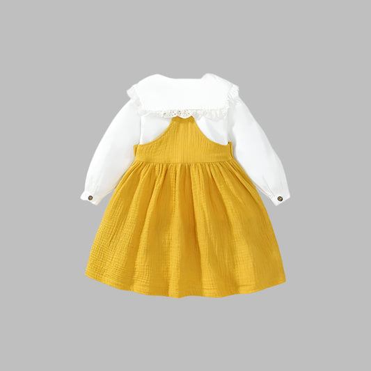 Cotton Set Shirt + Dress for Girls Long Sleeve Floral Print 2-7 Years - Yellow