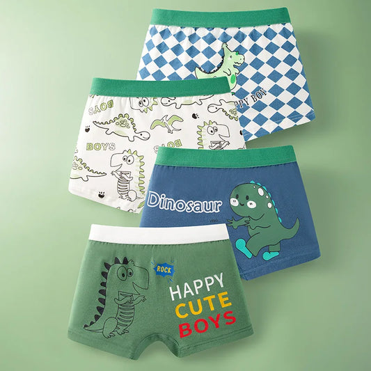 4 Pcs Cotton Breathable Boxer Briefs for Boys 2-12 Years - Green, Yellow, Coffee