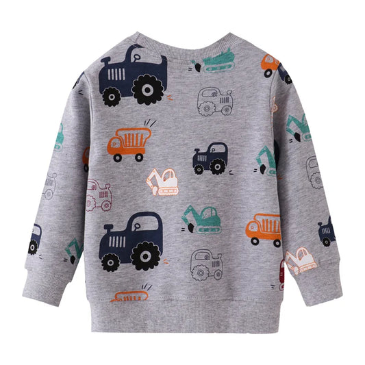 Boys’ Cotton Sweatshirt with Car Print – Grey, Blue, Red