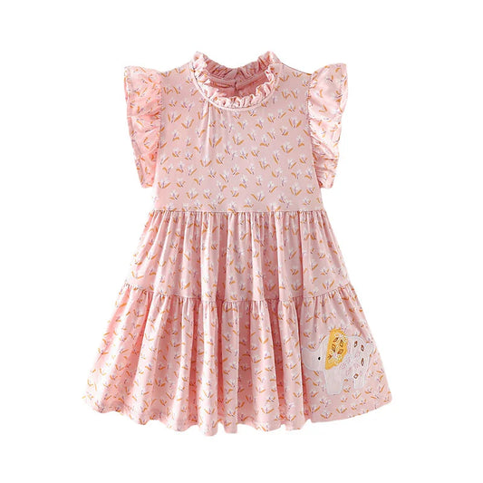 Girls' 100% Cotton Dress with Elephant Applique – Pink