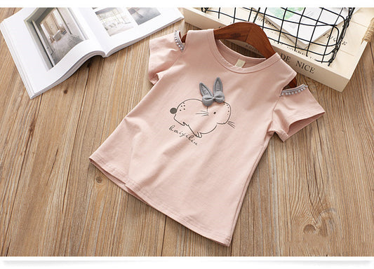Summer Hollow out Short Sleeve Cartoon Rabbit 2 Pieces Set, T-Shirt+Skirt - Pink