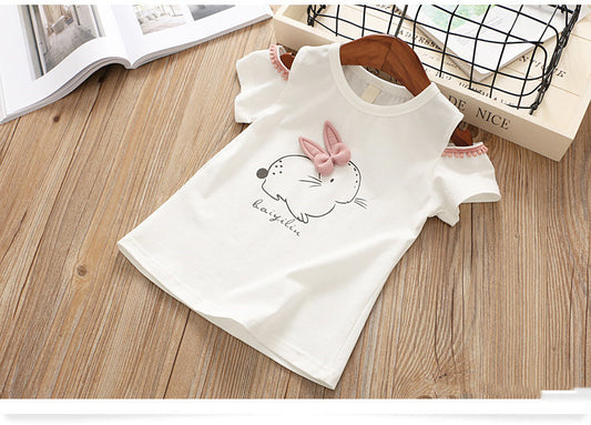 Summer Hollow out Short Sleeve Cartoon Rabbit 2 Pieces Set, T-Shirt+Skirt - White