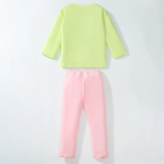 Girls’ Cotton Long Sleeve T-shirt & Leggings with Cute Animal Embroidery - Pink & Light Green