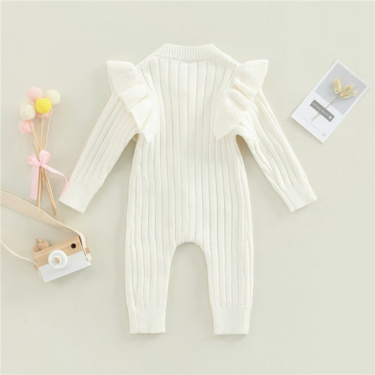 Cotton Knitted Baby Romper with Long Sleeves and Ruffles - White
