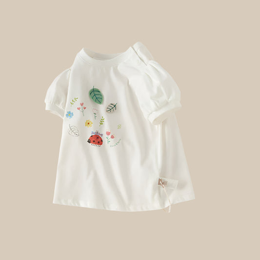 Lightweight Cotton Summer T-Shirt for Girls with Lantern Sleeves – White