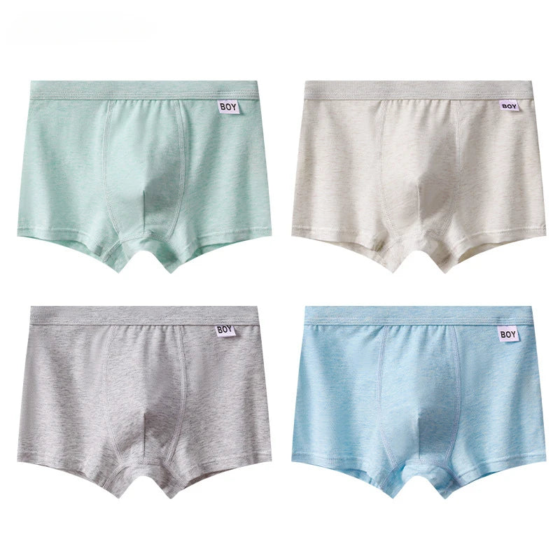 4pcs Boys’ Antibacterial, Breathable & Soft Cotton Boxers - Grey, Blue, Green, Beige Striped