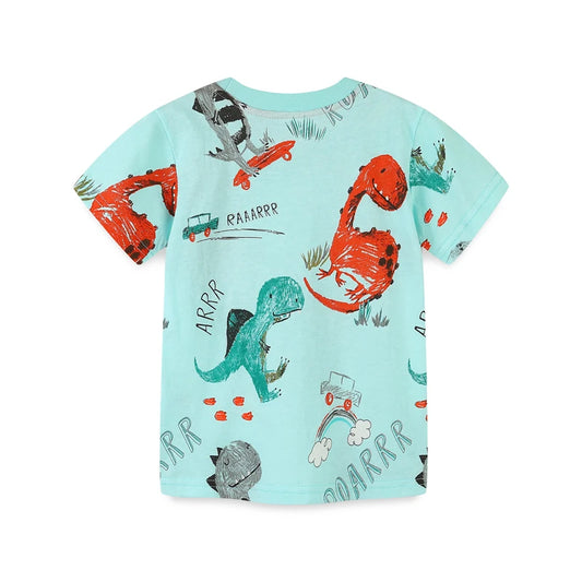 Summer Soft Cotton T-Shirts with Cartoon Dinosaurs for Boys 2-7 Years - Blue