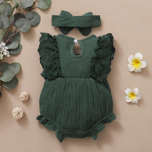 Newborn Baby Girl Plain Soft Lace Flared Sleeve Summer Bodysuit with Headband - Dark Green