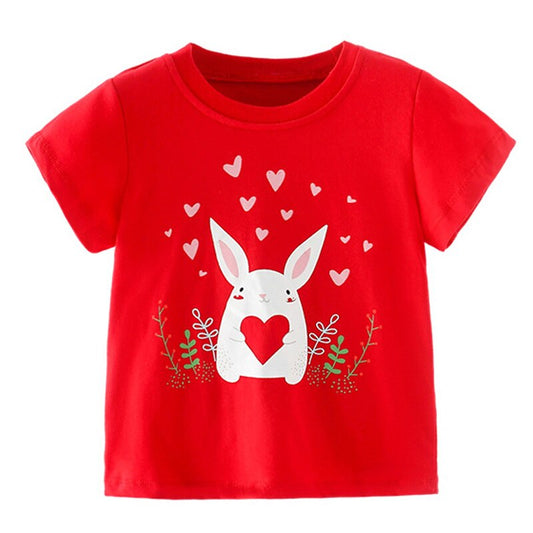 Cotton Cartoon Print Short-Sleeved T-Shirts for Kids - Pink, Red, Yellow, White