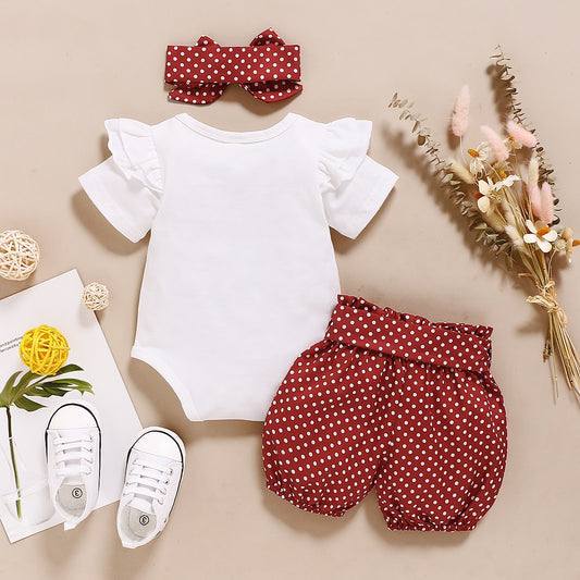 3 pcs Baby Girls Dot Pant with Elastic Waistband Dot Headband with Bowknot Casual Set - White-Red
