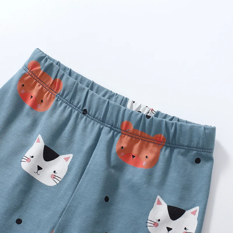 Adorable Cotton Set T-shirt and Leggings With Cute Cat Design - Pastel Blue