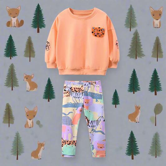 Fashionable Cotton Long Sleeve Set with Cartoon Tiger Print – Coral