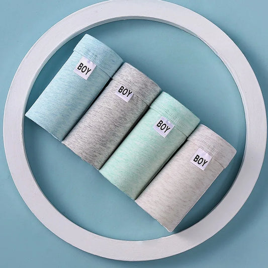 4pcs Boys’ Antibacterial, Breathable & Soft Cotton Boxers - Grey, Blue, Green, Beige Striped