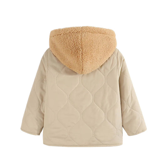 Cute Casual Warm Zip Coat With Hood and Fleece Lining - Beige