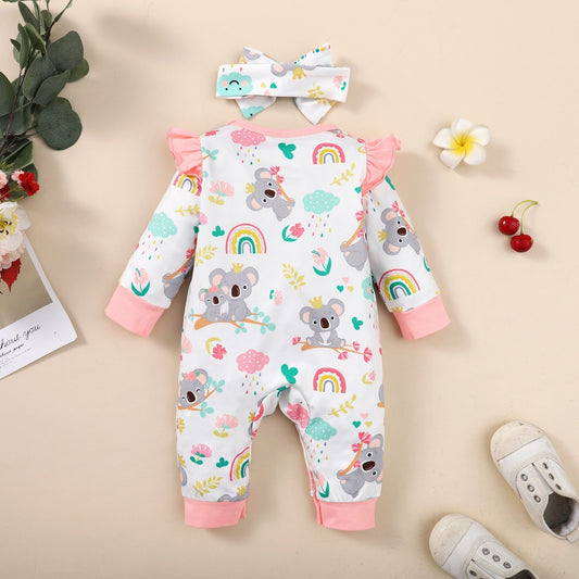 Newborn Baby Girl Long Sleeves Cute Cartoon Bodysuit with Headband - White
