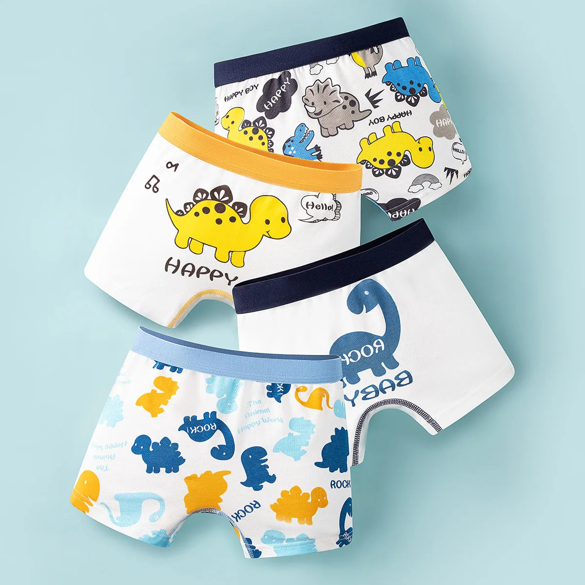 4 Pcs Cotton Breathable Boxer Briefs for Boys 2-12 Years - Green, Yellow, Coffee