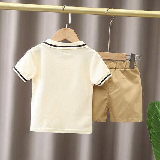 Cute Cartoon Baby Boy Clothes Set , T-shirt + Shorts - Beige, White