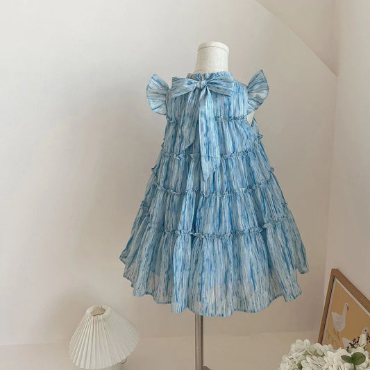 Elegante vestido azul de diseñador con un lazo para niñas - Azul