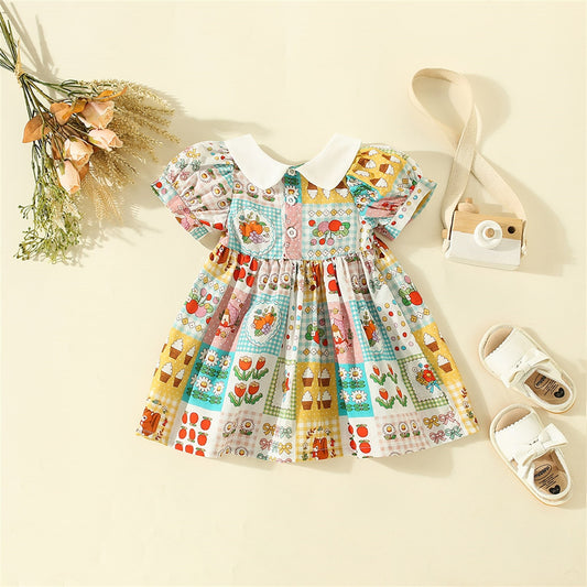 2025 Summer Cartoon Print Polo Neck Short Sleeve Daily Girls Dress - Multicoloured
