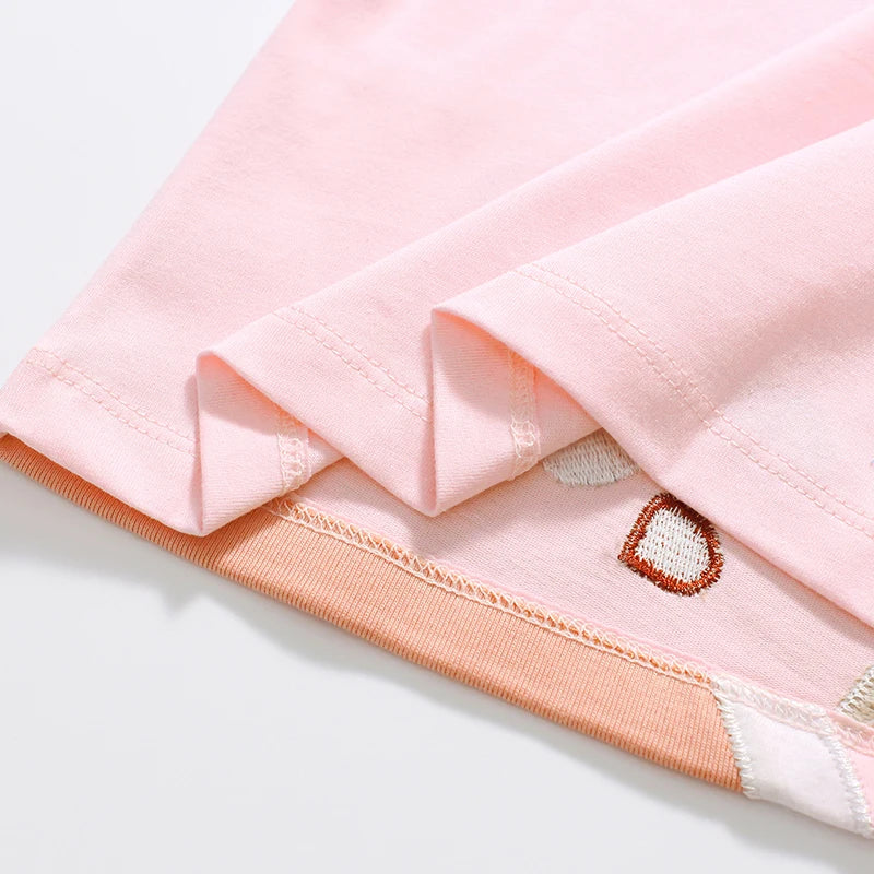 Cotton T-shirt with Embroidered Cartoon Deer - Pink