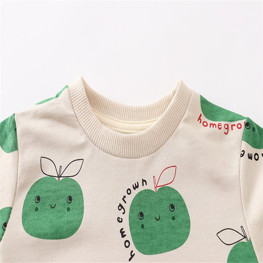 Kids Apples & Animals Print Long Sleeve Cotton Sweatshirts - Beige, Red.