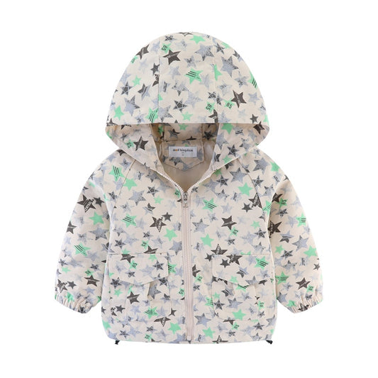Toddler Girls Zip Up Stars Print Hoodies Windbreaker Jacket - Yellow, Green, Red.