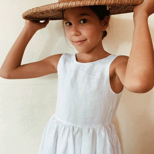 Vestido De Algodón Y Lino Sin Mangas Con Escote En V Profundo Y Espalda Nueva Para Niñas - Verde, Blanco