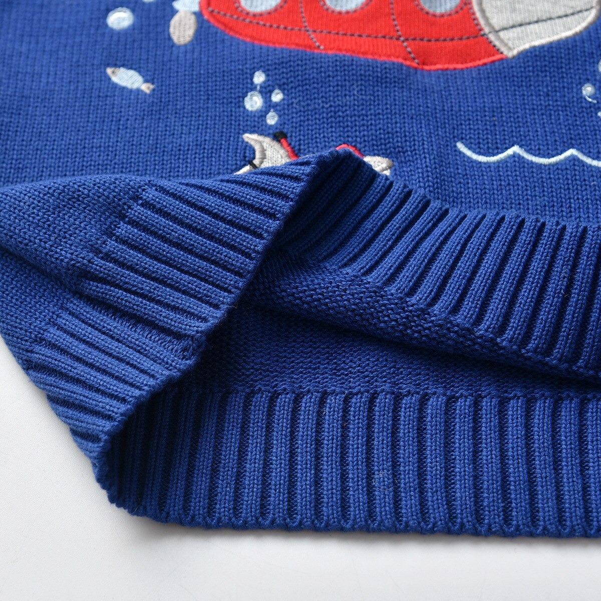Kids Cartoon Submarine Cotton Knitted Pullover - Blue, Sky Blue.