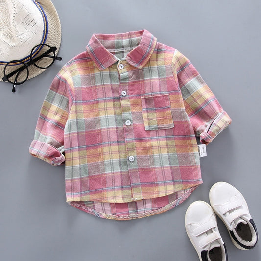 Baby Boys Thin Long Sleeve Cotton Check Shirts - Pink, Khaki.