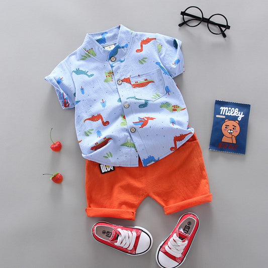 2pcs Baby Boys Cotton Summer Clothing Set of Shirt & Shorts - Blue, White, Green.