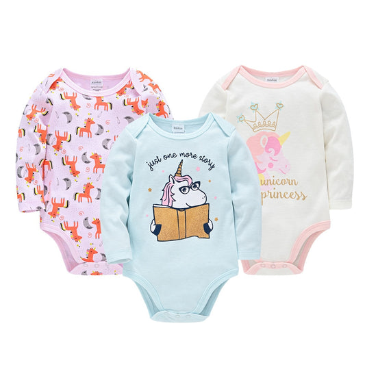 3 pcs/pack Baby Boys Girls Long Sleeve Cartoon Print Cotton Bodysuits - Navy Blue, White, Blue, Grey, Pink.