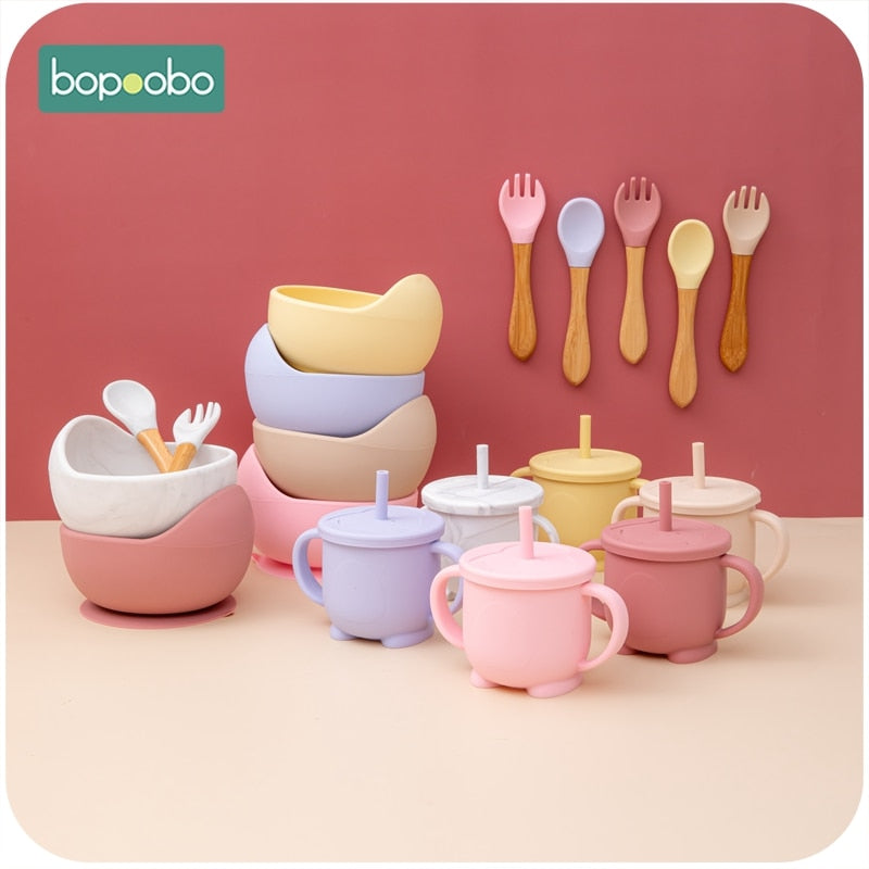 4 pcs/set Baby Silicone Feeding Set Non-Slip Waterproof Suction Bowl Wood Fork Spoon