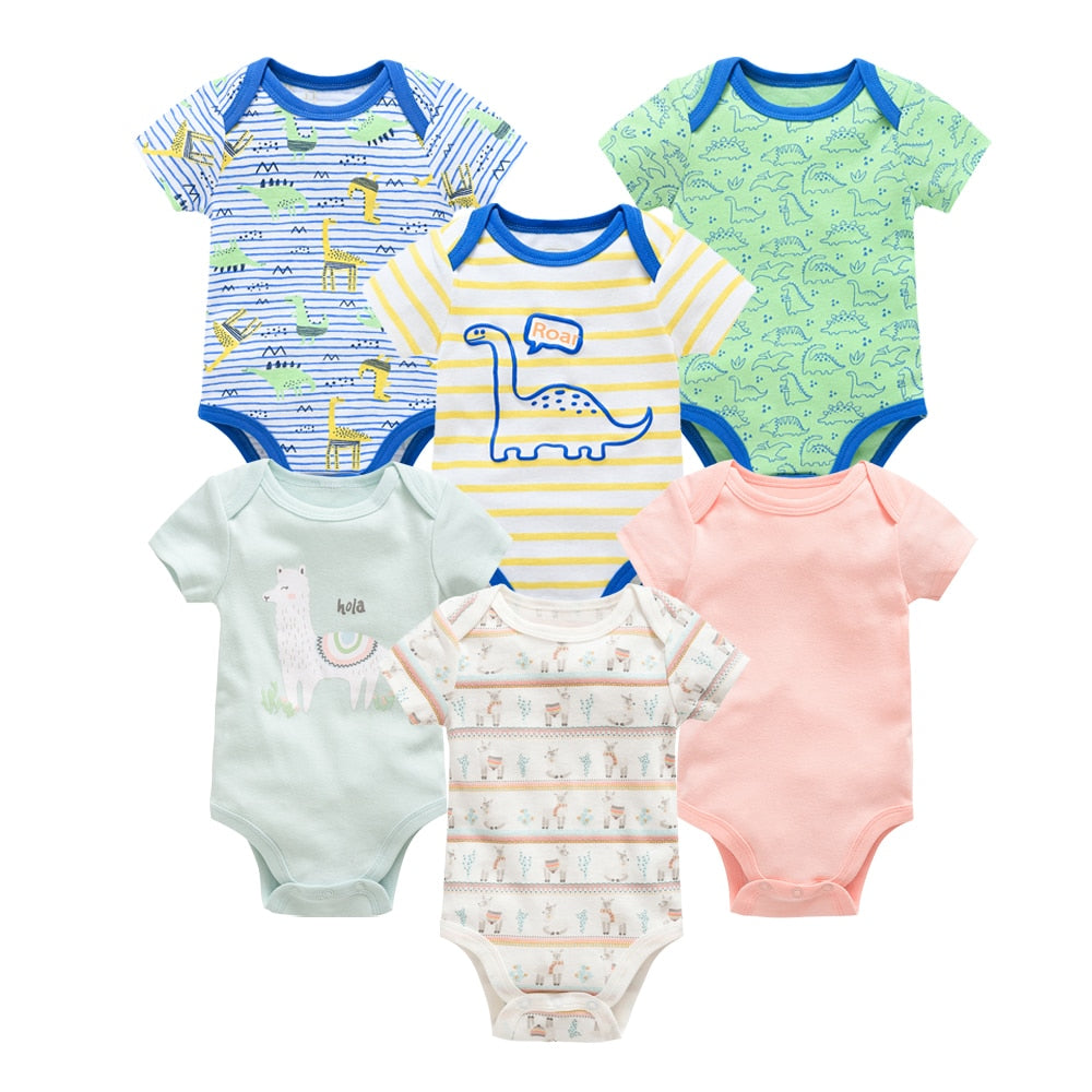 6 pcs/pack Baby Boys Summer Short Sleeve Cartoon Print Cotton Bodysuits - Yellow, White, Blue, Green.