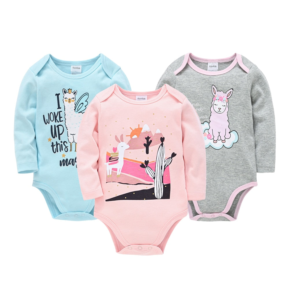 3 pcs/pack Baby Girls Boys Long Sleeve Cartoon Print Cotton Bodysuits - Blue, White, Pink, Yellow, Grey.