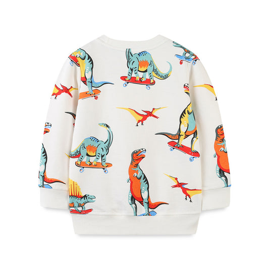 Kids Dinosaurs Print Long Sleeve Cotton Sweatshirt - White.