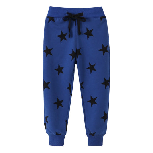 Children's Dinosaurs Print Drawstring Sweatpants - Beige Stripes, Blue Stars.