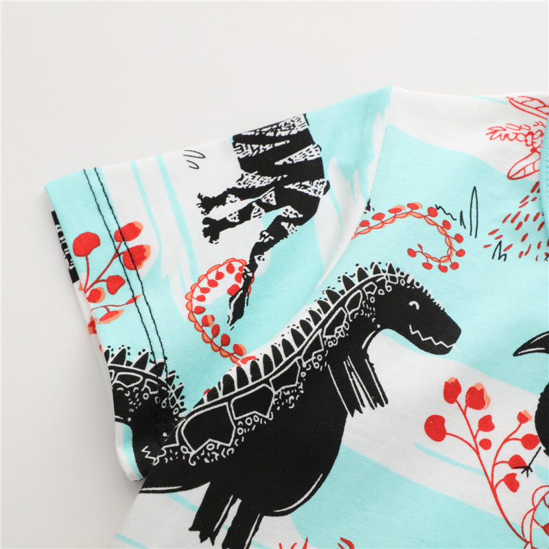 Camiseta de algodón de dinosaurios de dibujos animados de verano para niños - Azul