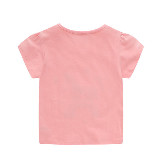 Girls Summer Short Sleeve Cotton T-shirt with Animals Embroidery - Pink.