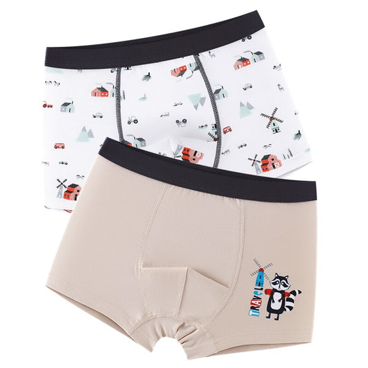 2 pcs/pack Boys 100% Cotton Boxers- Blue, Beige, Grey.