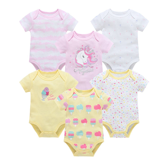 Summer Short Sleeve Cotton Bodysuits for Baby Girls, 6 pcs/pack - Pink, Green, Yellow