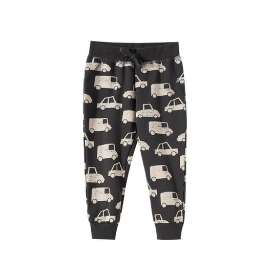 Children's Animals & Machinery Print Drawstring Sweatpants - Black Cars, Grey Leopard Print, Black Excavator.