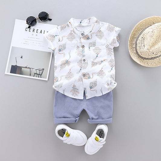 2pcs Baby Boys Cotton Summer Clothing Set of Shirt & Shorts - White, Grey, Pink.