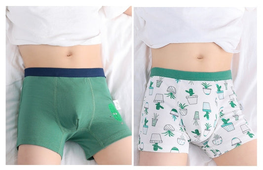 2 pcs/pack Boys 100% Cotton Boxers - Navy Blue, White, Green.