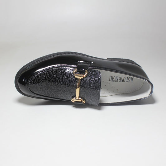 Boys Black Patent Leather Slip On Round Toe Oxford Shoes.