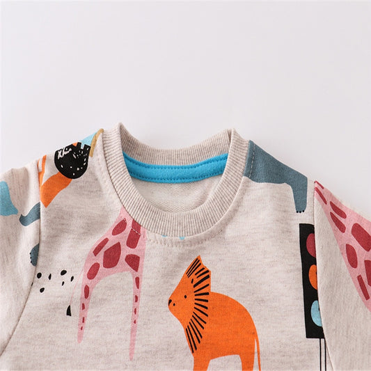 New Arrival Animals Print Kids Cartoon Long Sleeve Cotton Sweatshirts - Beige, Blue.