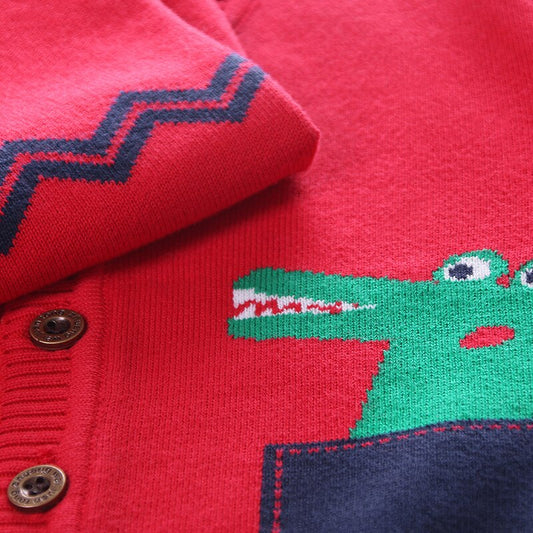 Boys Cartoon Crocodile Cotton Knit Cardigan - Red, Navy Blue, Light Grey, Citric Green, Yellow